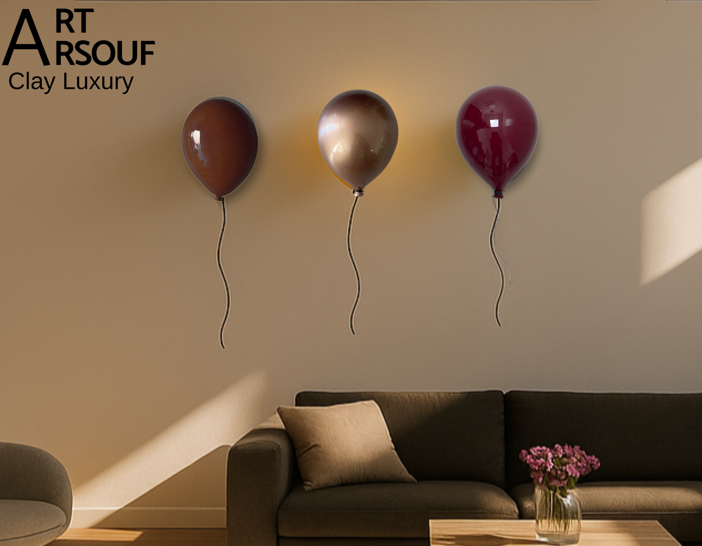 Set of 3 Balloon Sculptures - Merlot, Metallic Beige & Latte Brown