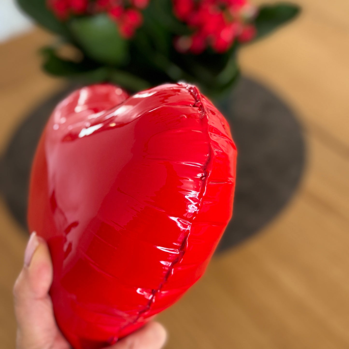 Red Glossy Ceramic Heart Balloon Sculpture