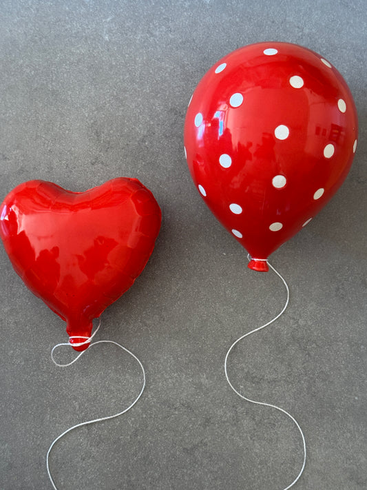 Set of 2 Red Balloon Sculptures - Heart and polka dot