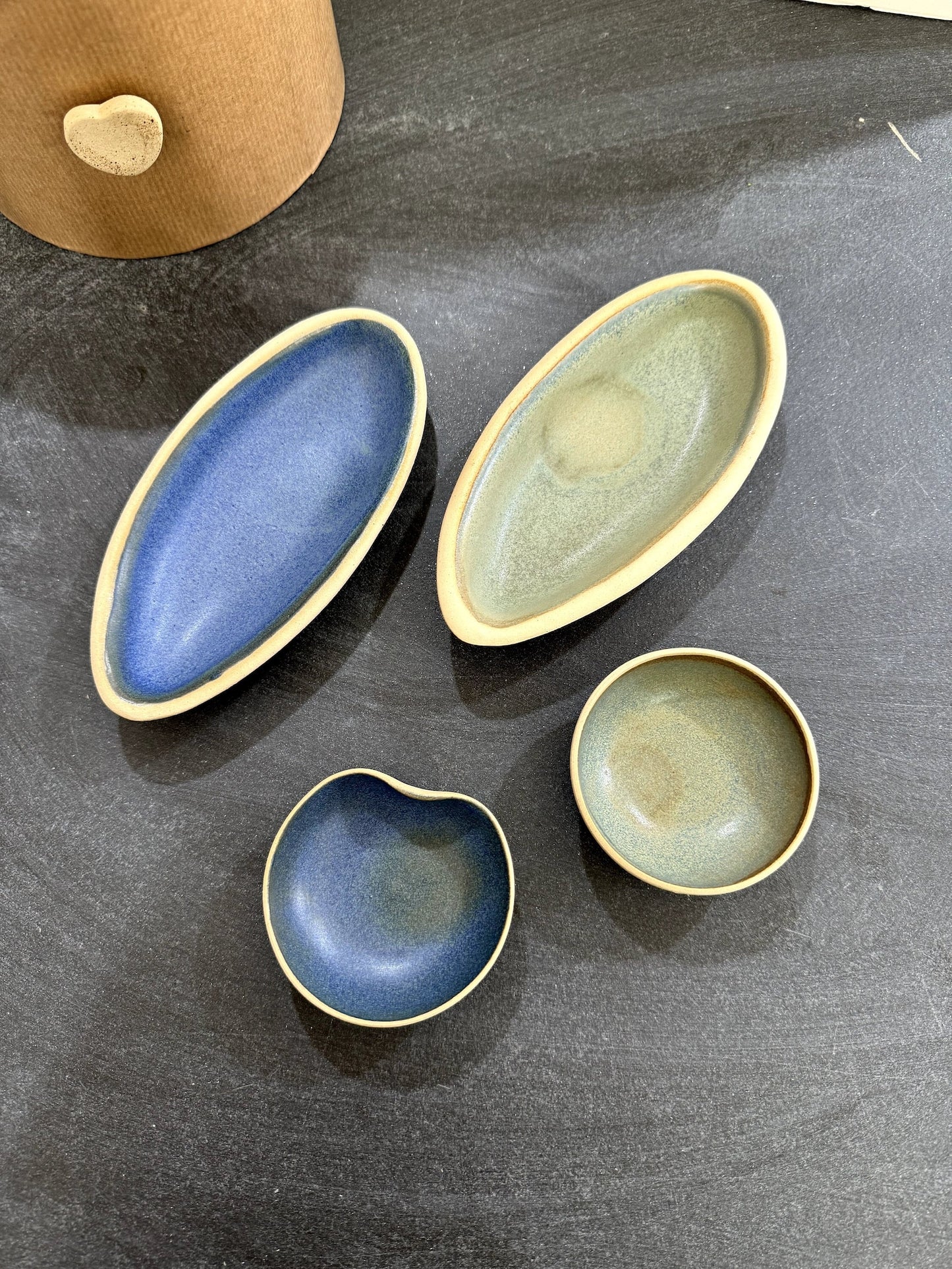 Set of 4 Small Ceramic Blue and Green Plates